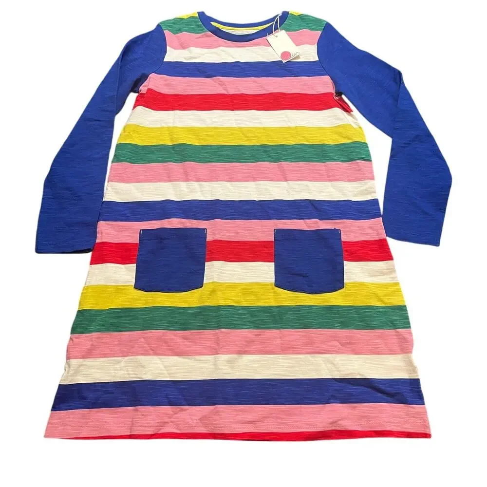 NWT MINI BODEN Long Sleeve‎ Rainbow Striped Slub Knit Dress blue Size 11-12Y